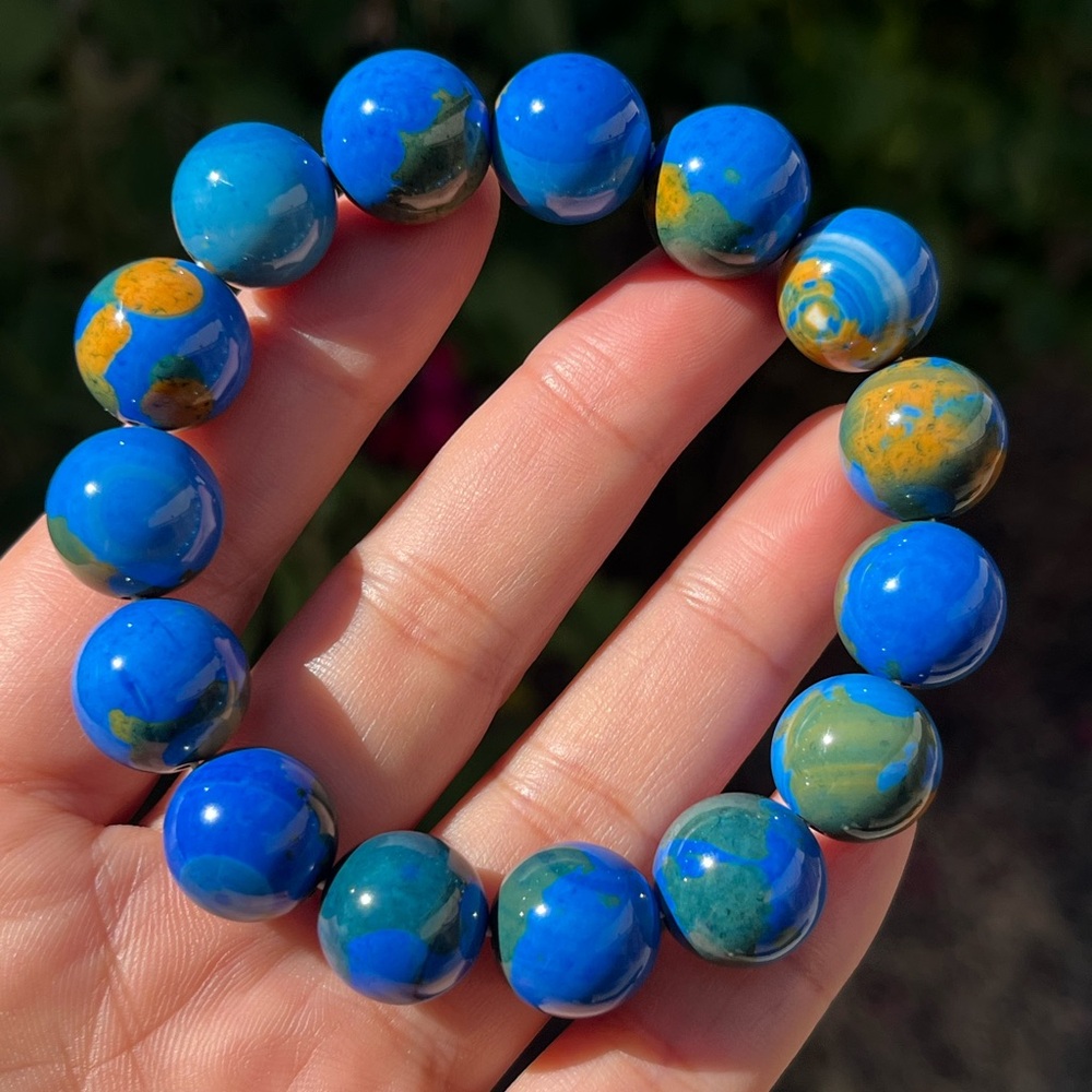14mm stretchable blue earth pattern agate bracelet - Picture 13 of 13